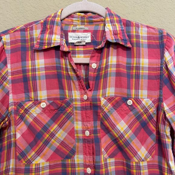 Denim & Supply Ralph Lauren RL Utility Button Up Shirt Womens Small Pink Plaid - Picture 4 of 5
